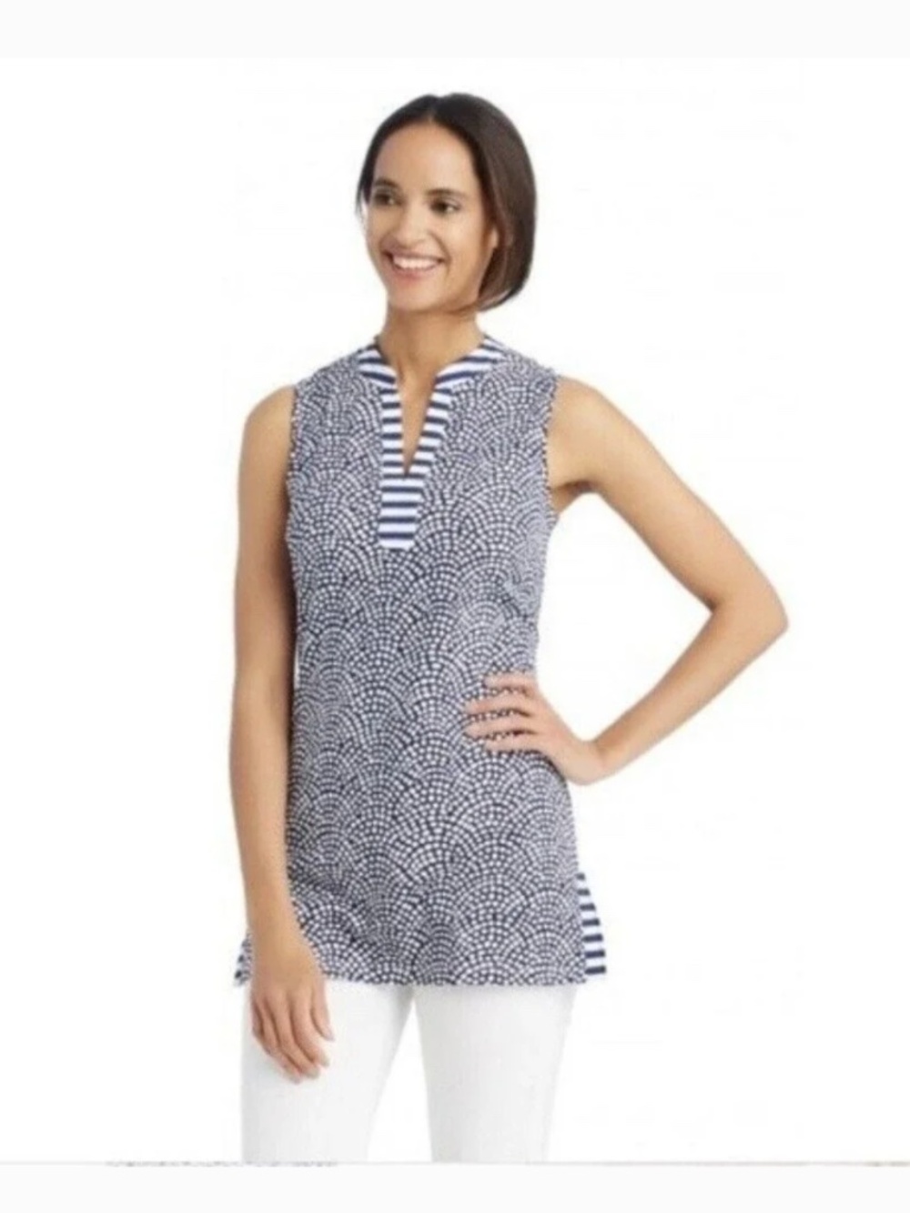 J. McLaughlin Boca Sleeveless V Neck Tunic Navy Blue White Size Small